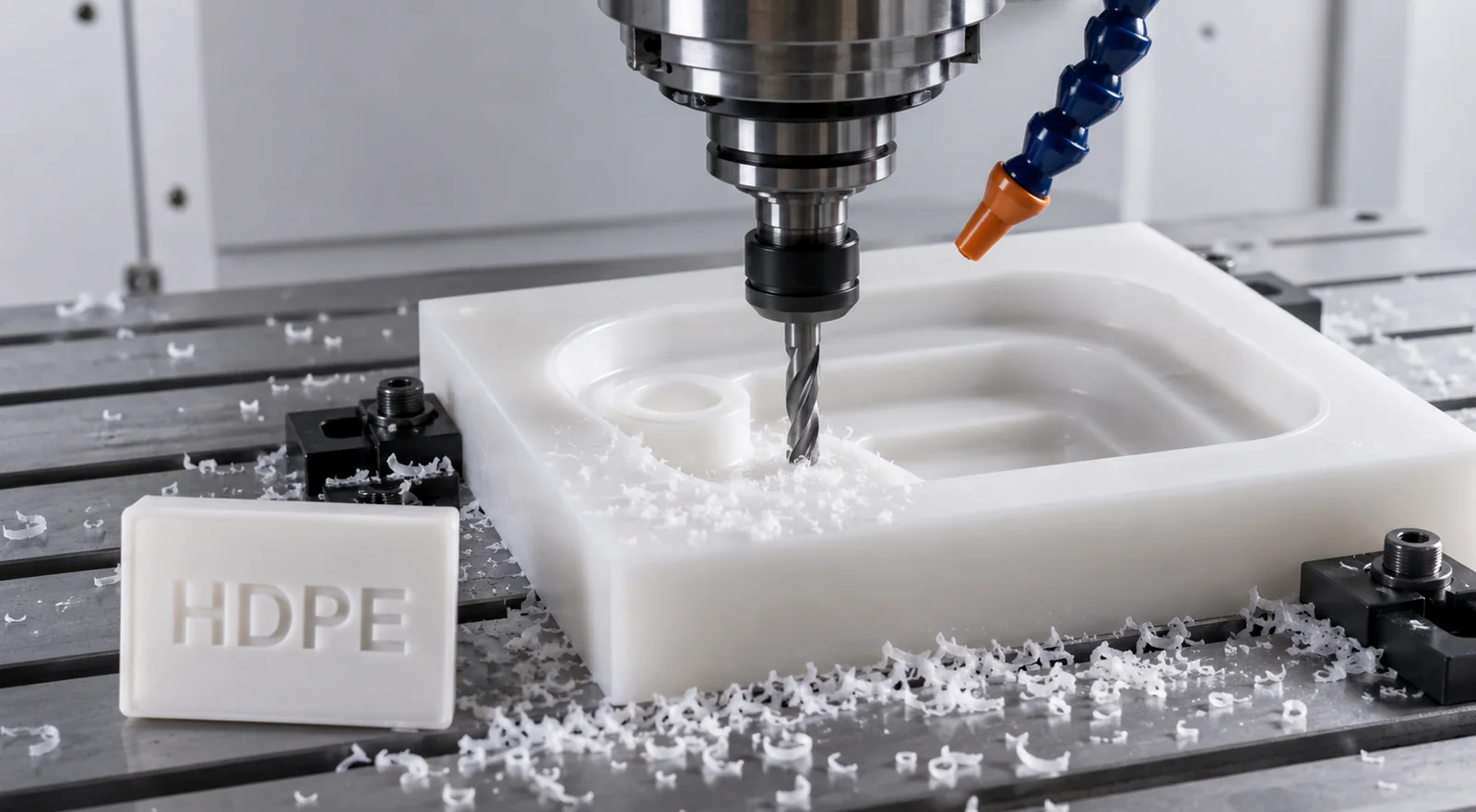 CNC machining HDPE white plastic part on milling machine