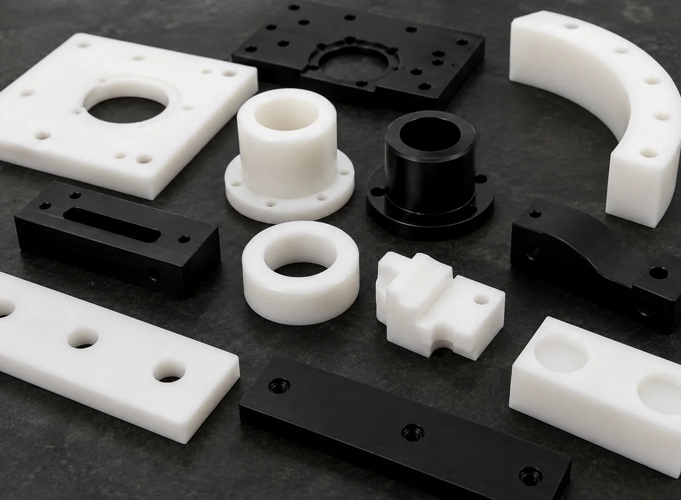 CNC machined HDPE plastic parts including plates bushings and custom blocks