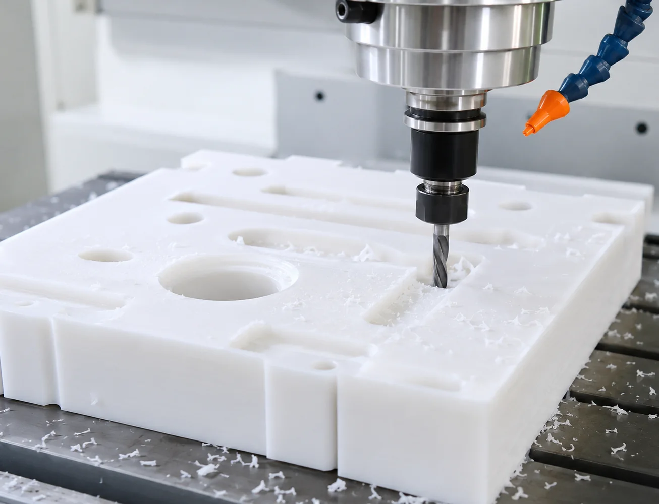 CNC pocketing HDPE plastic plate with sharp end mill