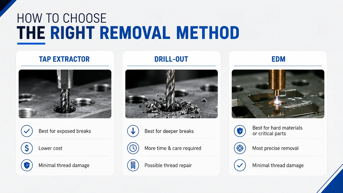 Comparison of tap extractor, drill-out, and EDM broken tap removal methods