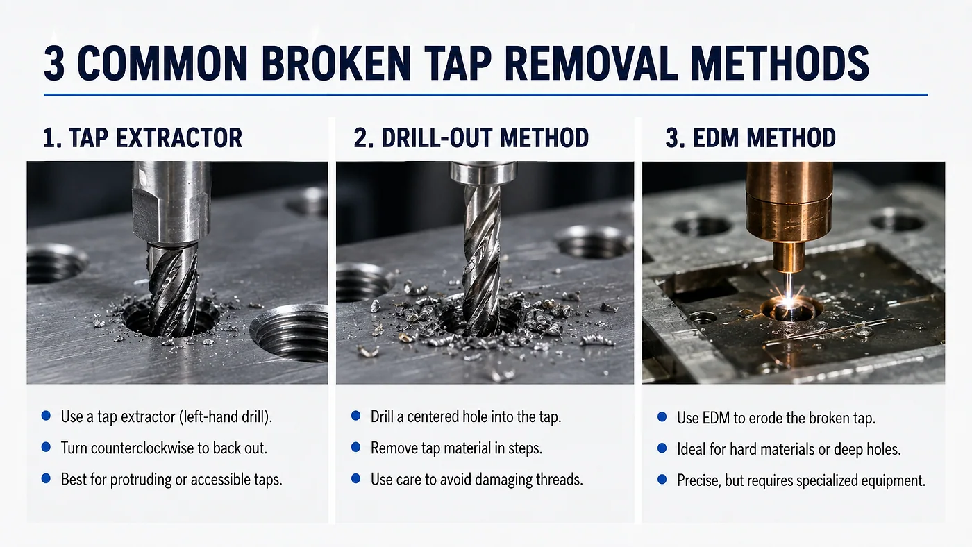 Tap extractor, controlled drill-out, and EDM methods for removing a broken tap
