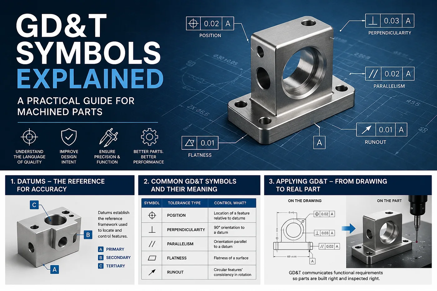 Applying GD&T symbols to drawing review and CMM inspection of a machined part