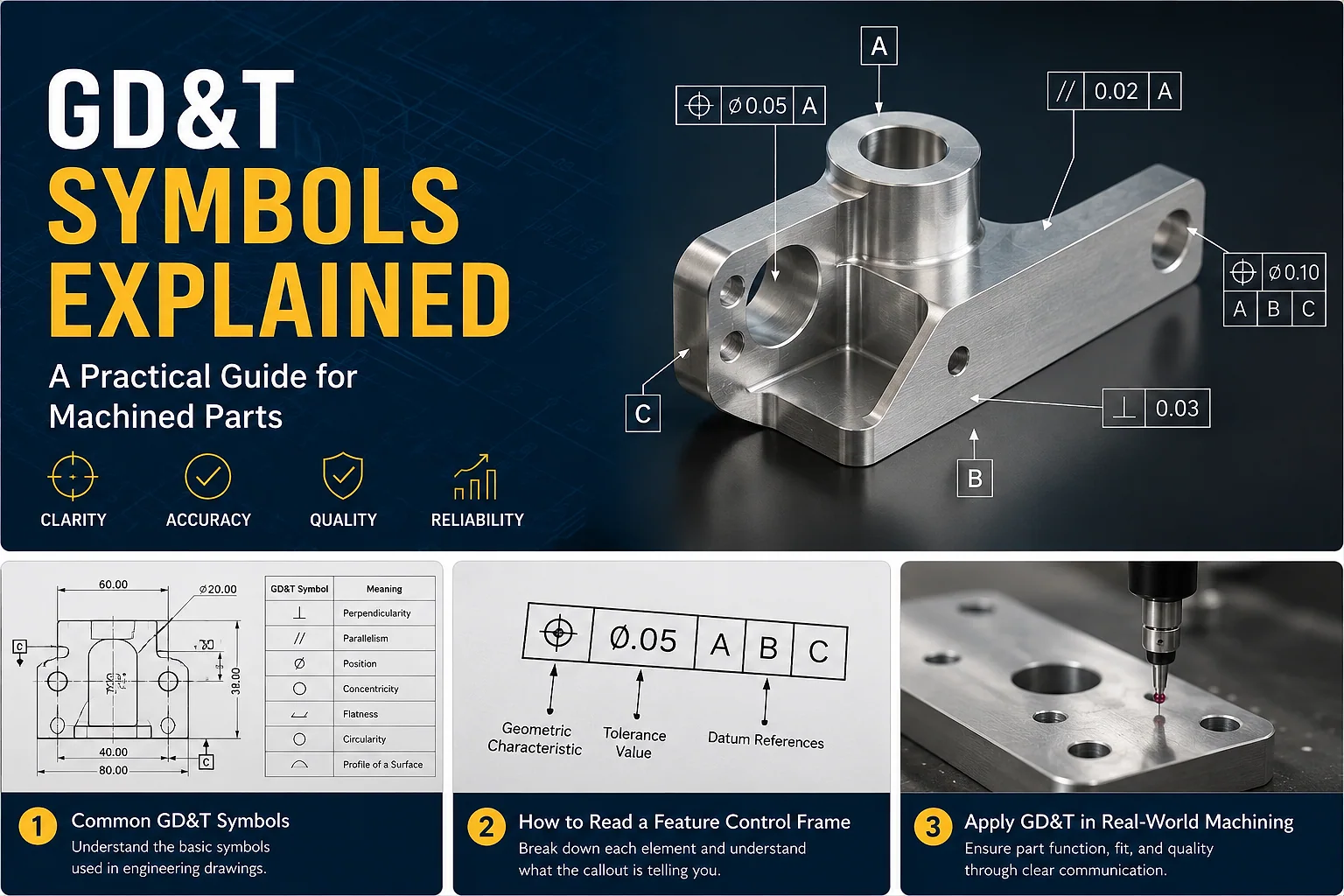 GD&T symbols applied to a CNC machined metal housing